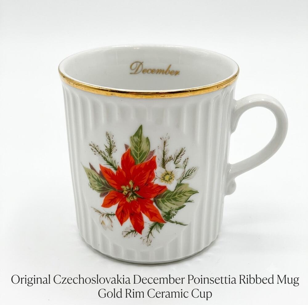 Original Czechoslovakia December Poinsettia Ribbed Mug Gold Rim Ceramic Cup